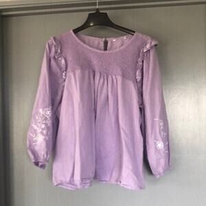 Women's Peasant 1X top Embroidery Purple White Floral Embroidery Ruffles Smocked